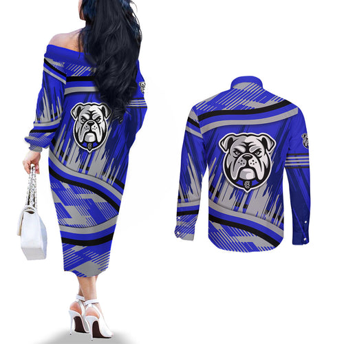 Bulldogs Rugby Mascot Couples Matching Off The Shoulder Long Sleeve Dress and Long Sleeve Button Shirt Fierce Athlete Graphic in Sports Style