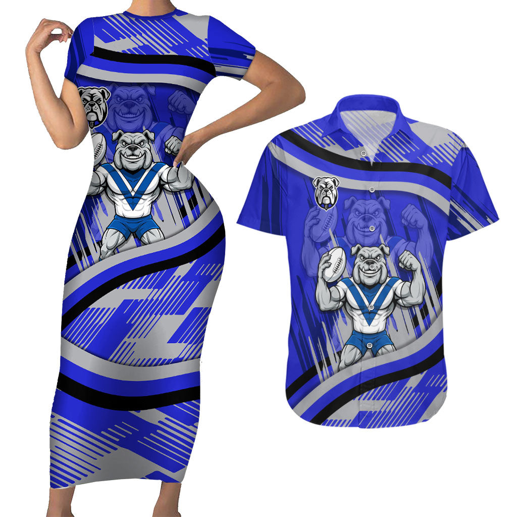 Bulldogs Rugby Mascot Couples Matching Short Sleeve Bodycon Dress and Hawaiian Shirt Fierce Athlete Graphic in Sports Style
