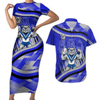 Bulldogs Rugby Mascot Couples Matching Short Sleeve Bodycon Dress and Hawaiian Shirt Fierce Athlete Graphic in Sports Style