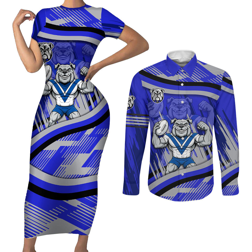 Bulldogs Rugby Mascot Couples Matching Short Sleeve Bodycon Dress and Long Sleeve Button Shirt Fierce Athlete Graphic in Sports Style