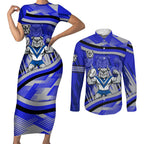 Bulldogs Rugby Mascot Couples Matching Short Sleeve Bodycon Dress and Long Sleeve Button Shirt Fierce Athlete Graphic in Sports Style