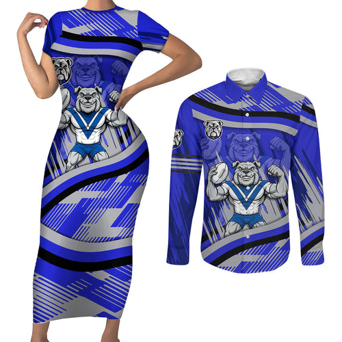 Bulldogs Rugby Mascot Couples Matching Short Sleeve Bodycon Dress and Long Sleeve Button Shirt Fierce Athlete Graphic in Sports Style