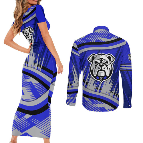 Bulldogs Rugby Mascot Couples Matching Short Sleeve Bodycon Dress and Long Sleeve Button Shirt Fierce Athlete Graphic in Sports Style