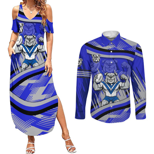 Bulldogs Rugby Mascot Couples Matching Summer Maxi Dress and Long Sleeve Button Shirt Fierce Athlete Graphic in Sports Style