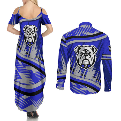 Bulldogs Rugby Mascot Couples Matching Summer Maxi Dress and Long Sleeve Button Shirt Fierce Athlete Graphic in Sports Style