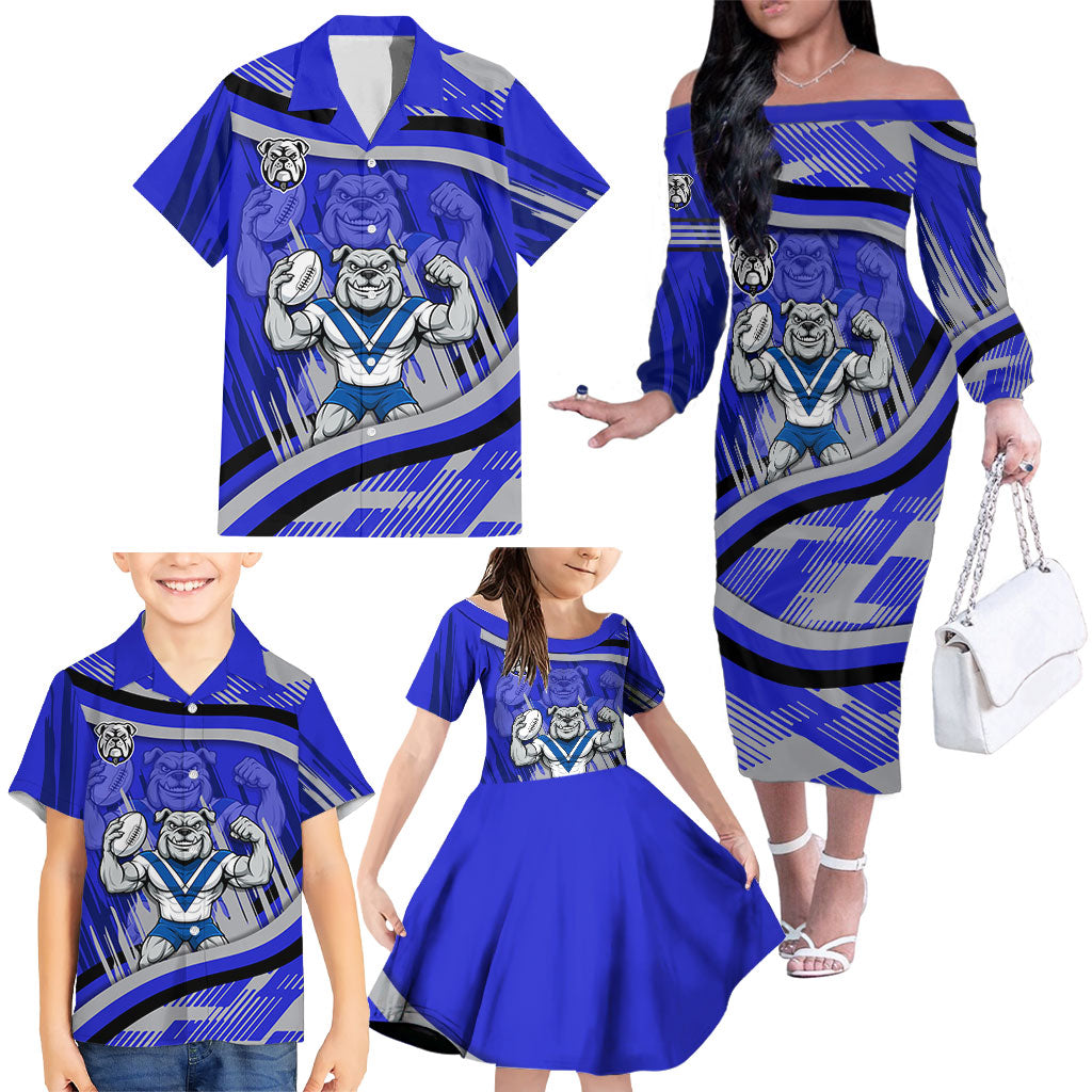 Bulldogs Rugby Mascot Family Matching Off The Shoulder Long Sleeve Dress and Hawaiian Shirt Fierce Athlete Graphic in Sports Style
