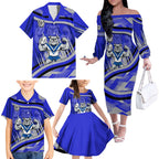 Bulldogs Rugby Mascot Family Matching Off The Shoulder Long Sleeve Dress and Hawaiian Shirt Fierce Athlete Graphic in Sports Style