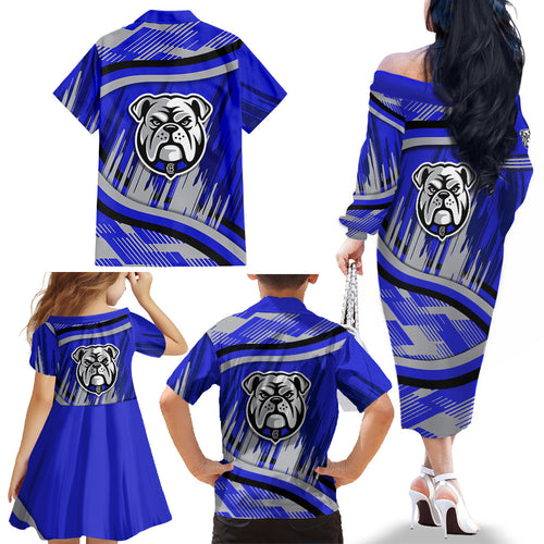 Bulldogs Rugby Mascot Family Matching Off The Shoulder Long Sleeve Dress and Hawaiian Shirt Fierce Athlete Graphic in Sports Style
