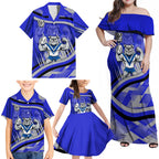 Bulldogs Rugby Mascot Family Matching Off Shoulder Maxi Dress and Hawaiian Shirt Fierce Athlete Graphic in Sports Style