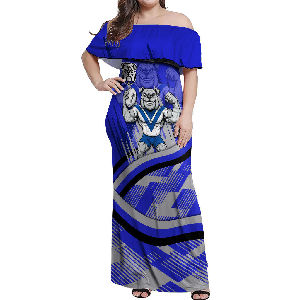 Bulldogs Rugby Mascot Off Shoulder Maxi Dress Fierce Athlete Graphic in Sports Style