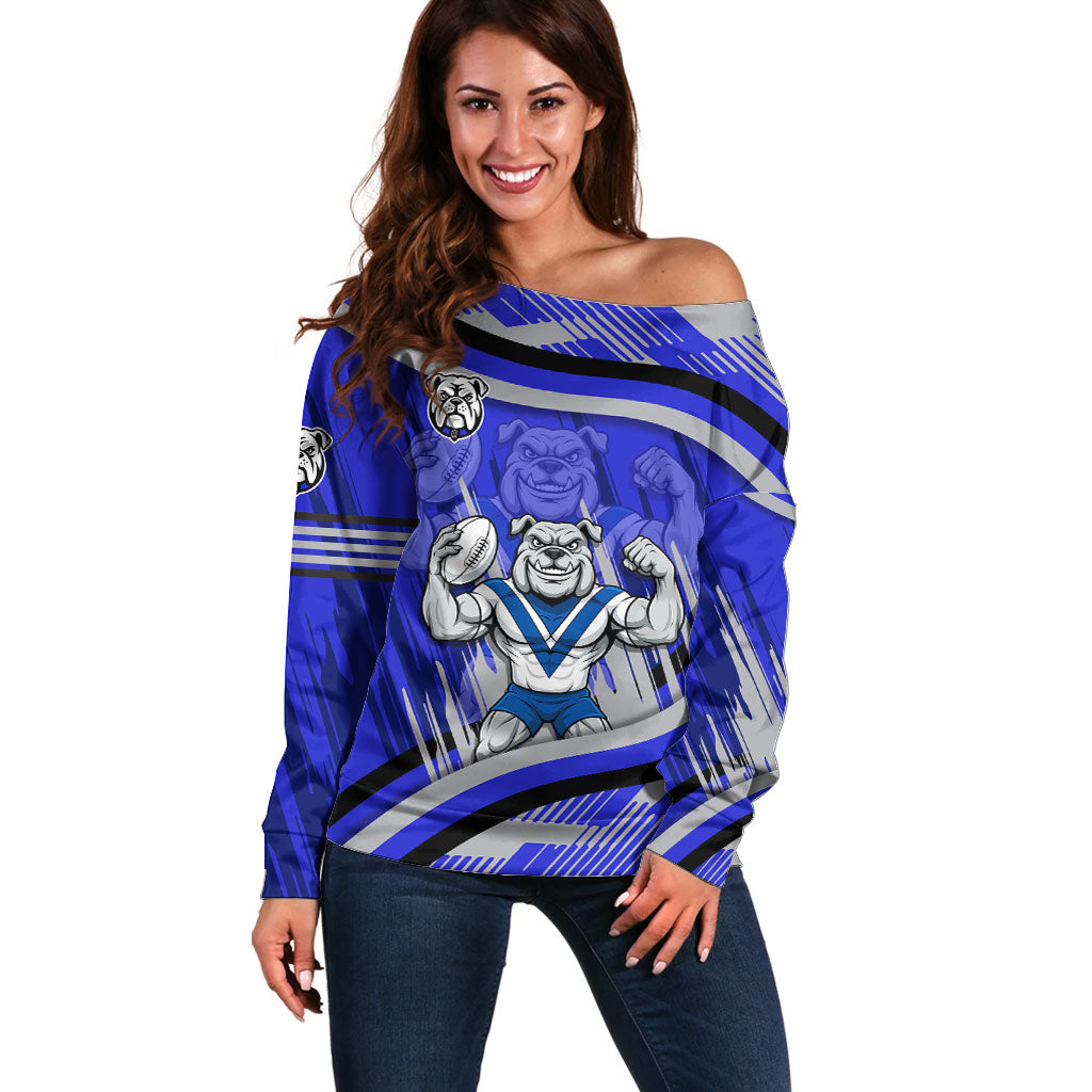 Bulldogs Rugby Mascot Off Shoulder Sweater Fierce Athlete Graphic in Sports Style