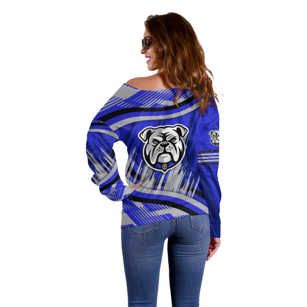 Bulldogs Rugby Mascot Off Shoulder Sweater Fierce Athlete Graphic in Sports Style