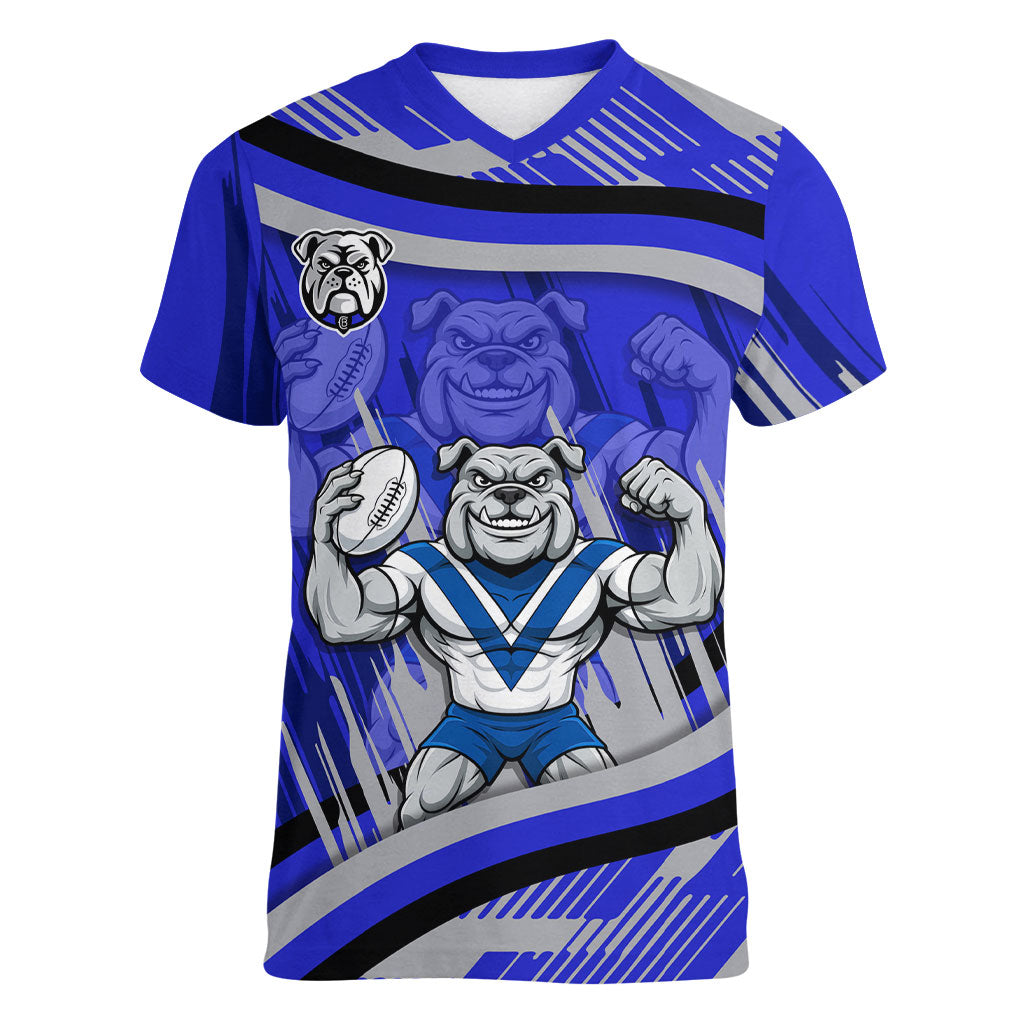 Bulldogs Rugby Mascot Women V-Neck T-Shirt Fierce Athlete Graphic in Sports Style