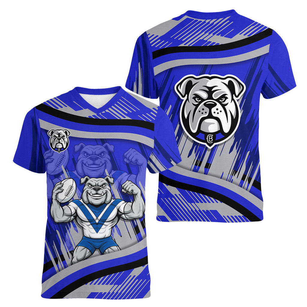 Bulldogs Rugby Mascot Women V-Neck T-Shirt Fierce Athlete Graphic in Sports Style