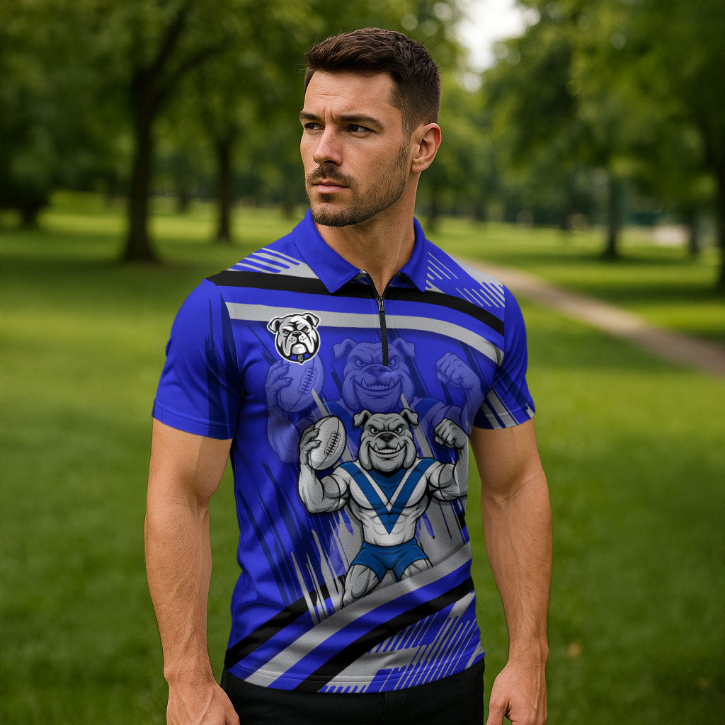 Bulldogs Rugby Mascot Zipper Polo Shirt Fierce Athlete Graphic in Sports Style
