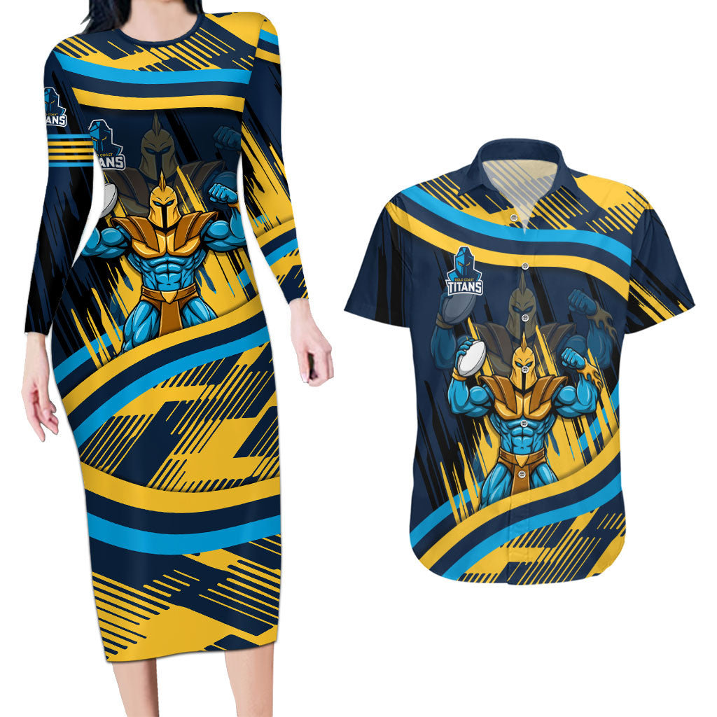 Titans Rugby Mascot Couples Matching Long Sleeve Bodycon Dress and Hawaiian Shirt Fierce Athlete Graphic in Sports Style