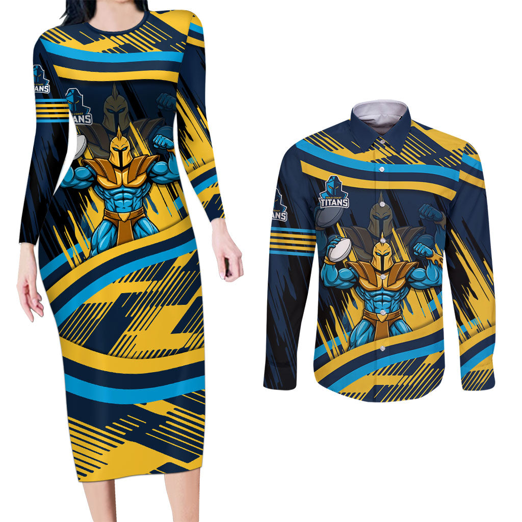 Titans Rugby Mascot Couples Matching Long Sleeve Bodycon Dress and Long Sleeve Button Shirt Fierce Athlete Graphic in Sports Style