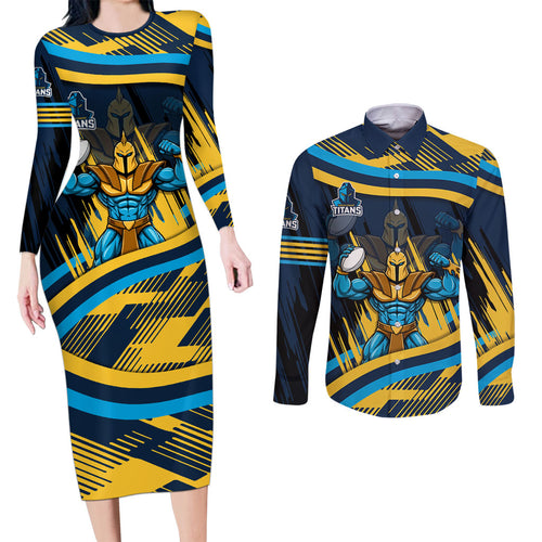Titans Rugby Mascot Couples Matching Long Sleeve Bodycon Dress and Long Sleeve Button Shirt Fierce Athlete Graphic in Sports Style