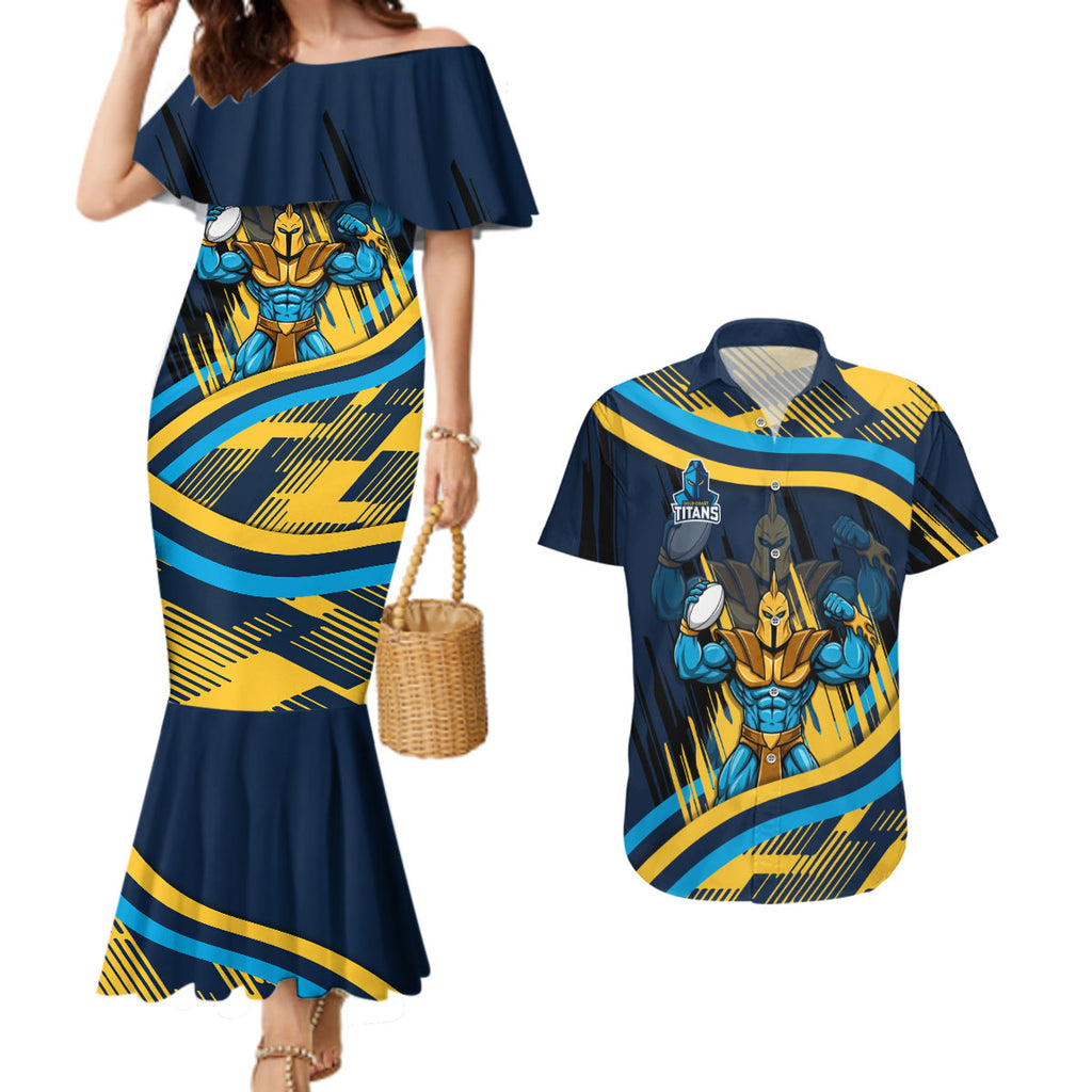 Titans Rugby Mascot Couples Matching Mermaid Dress and Hawaiian Shirt Fierce Athlete Graphic in Sports Style