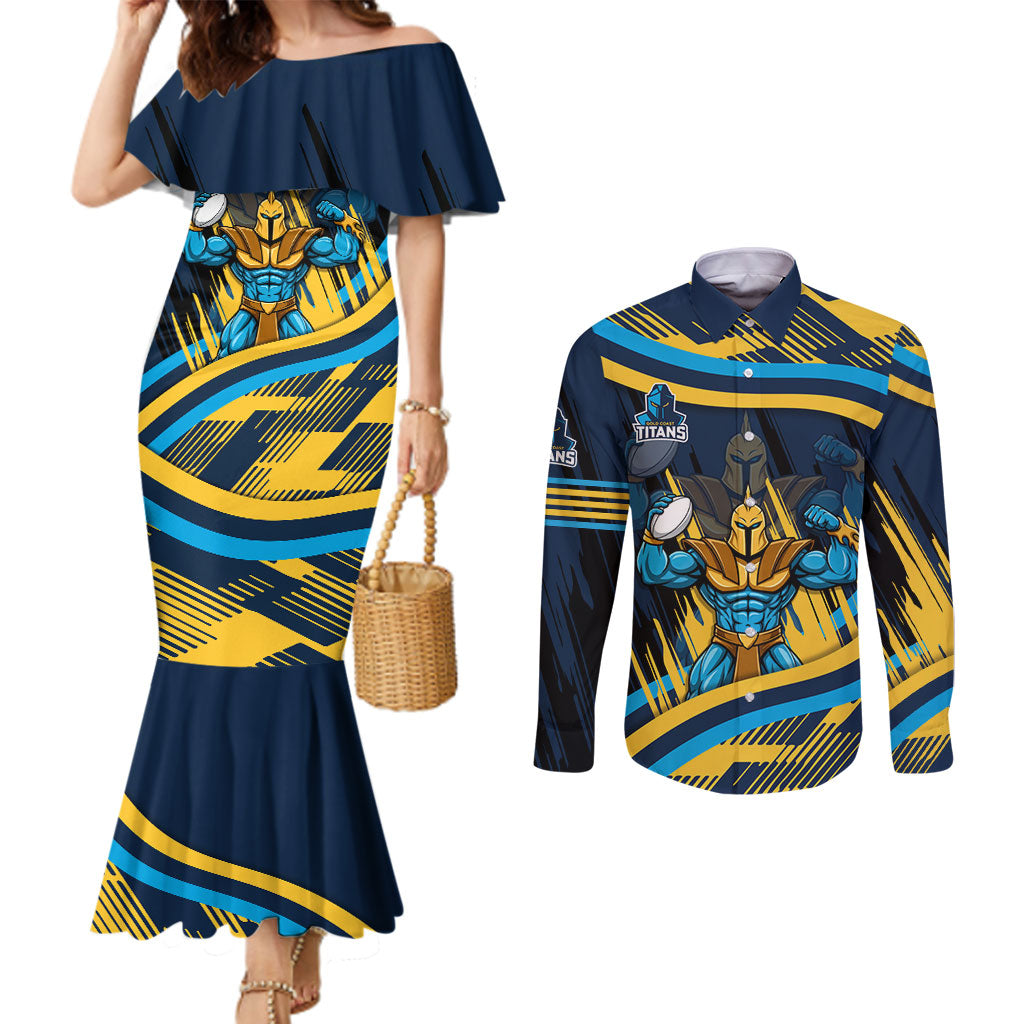 Titans Rugby Mascot Couples Matching Mermaid Dress and Long Sleeve Button Shirt Fierce Athlete Graphic in Sports Style