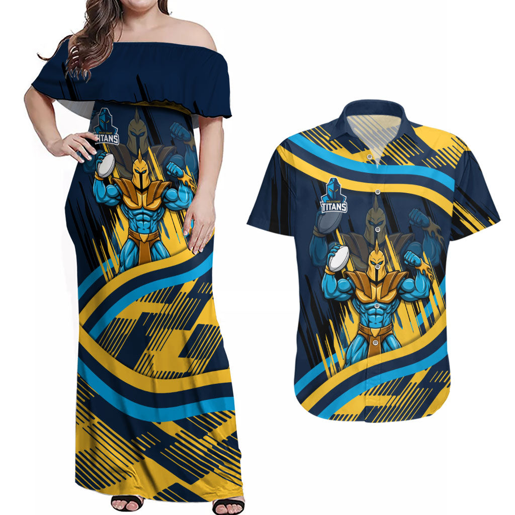 Titans Rugby Mascot Couples Matching Off Shoulder Maxi Dress and Hawaiian Shirt Fierce Athlete Graphic in Sports Style