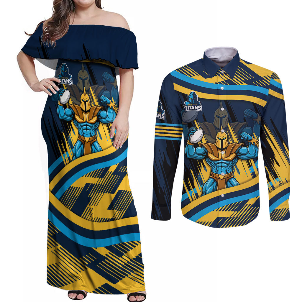 Titans Rugby Mascot Couples Matching Off Shoulder Maxi Dress and Long Sleeve Button Shirt Fierce Athlete Graphic in Sports Style