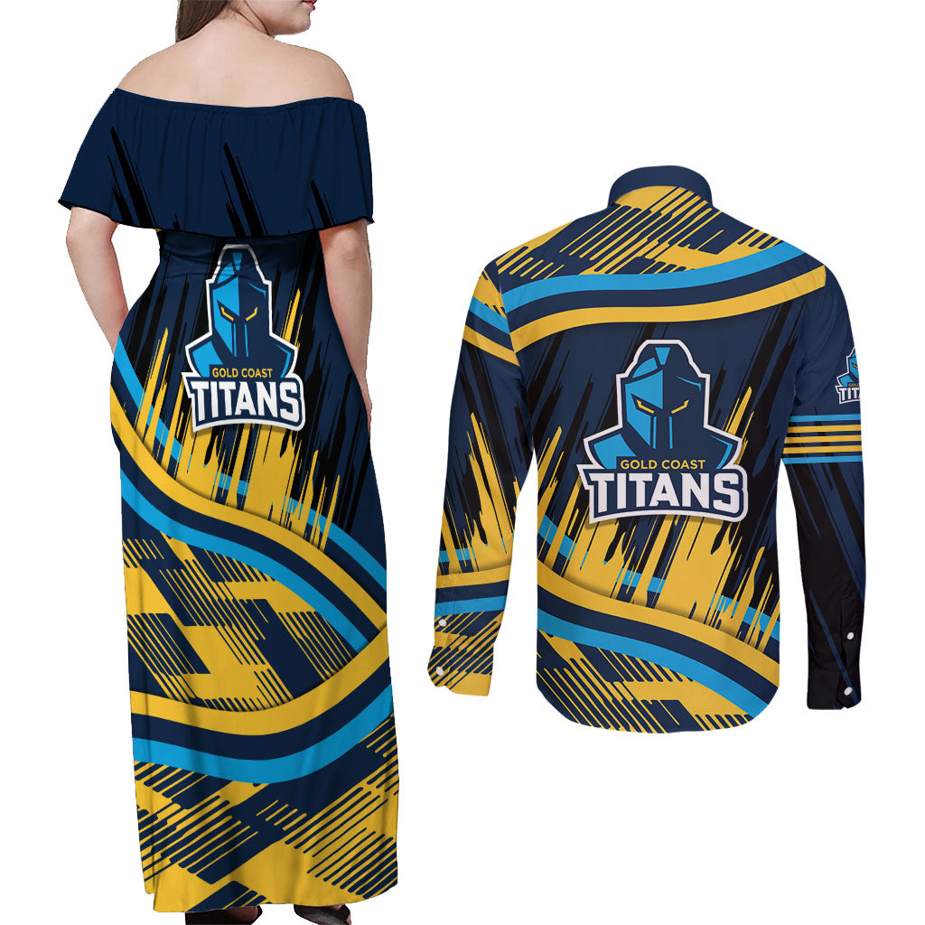 Titans Rugby Mascot Couples Matching Off Shoulder Maxi Dress and Long Sleeve Button Shirt Fierce Athlete Graphic in Sports Style