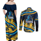 Titans Rugby Mascot Couples Matching Off Shoulder Maxi Dress and Long Sleeve Button Shirt Fierce Athlete Graphic in Sports Style