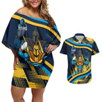 Titans Rugby Mascot Couples Matching Off Shoulder Short Dress and Hawaiian Shirt Fierce Athlete Graphic in Sports Style