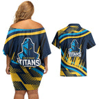 Titans Rugby Mascot Couples Matching Off Shoulder Short Dress and Hawaiian Shirt Fierce Athlete Graphic in Sports Style
