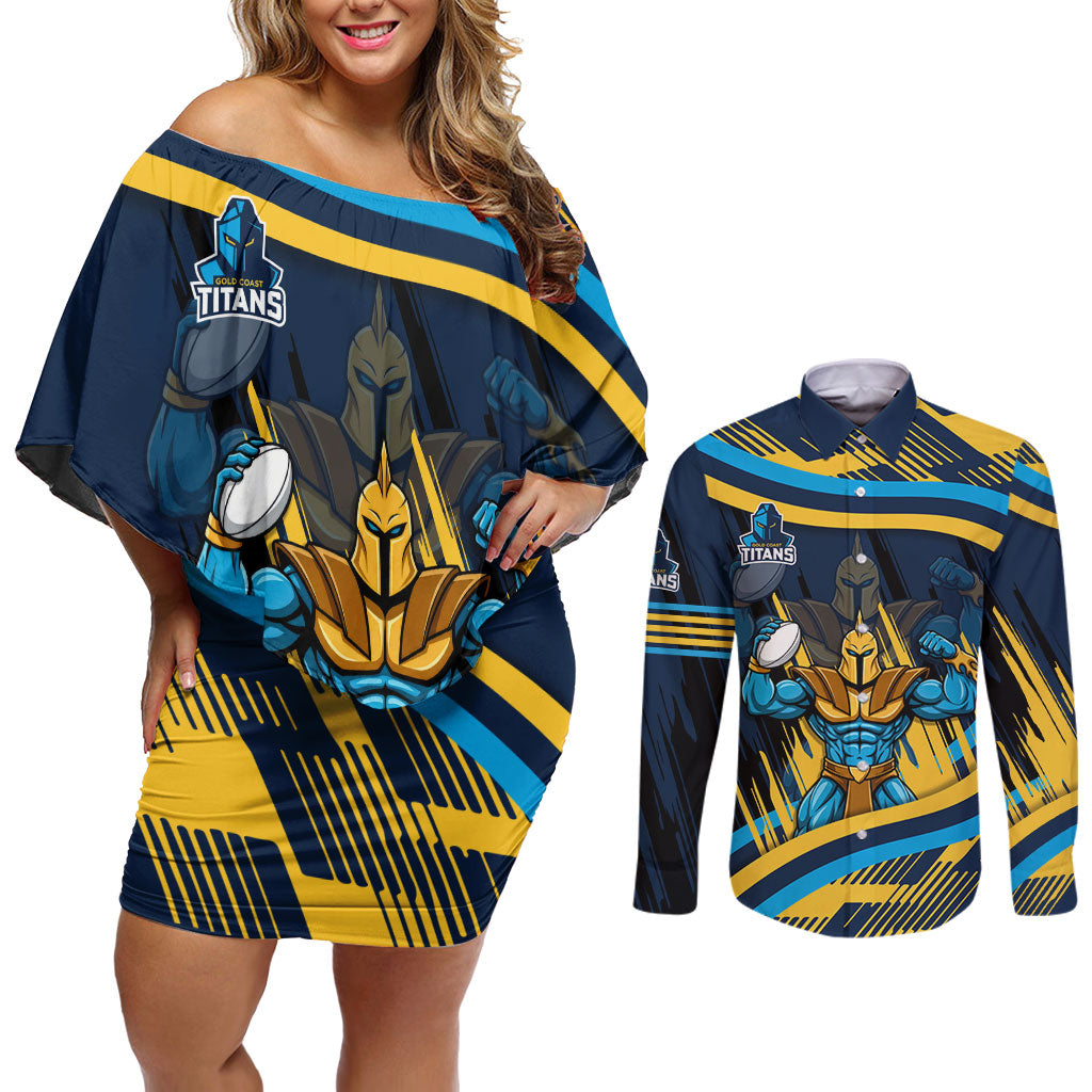 Titans Rugby Mascot Couples Matching Off Shoulder Short Dress and Long Sleeve Button Shirt Fierce Athlete Graphic in Sports Style
