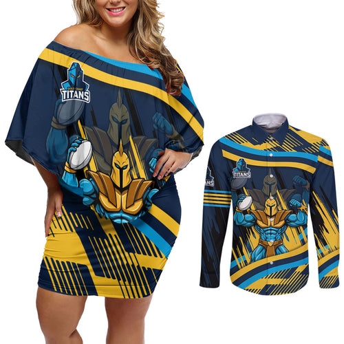 Titans Rugby Mascot Couples Matching Off Shoulder Short Dress and Long Sleeve Button Shirt Fierce Athlete Graphic in Sports Style