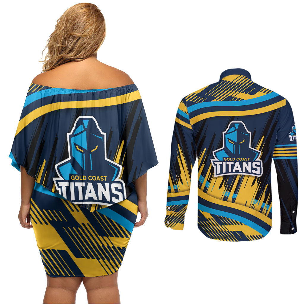 Titans Rugby Mascot Couples Matching Off Shoulder Short Dress and Long Sleeve Button Shirt Fierce Athlete Graphic in Sports Style