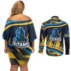 Titans Rugby Mascot Couples Matching Off Shoulder Short Dress and Long Sleeve Button Shirt Fierce Athlete Graphic in Sports Style