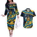 Titans Rugby Mascot Couples Matching Off The Shoulder Long Sleeve Dress and Hawaiian Shirt Fierce Athlete Graphic in Sports Style