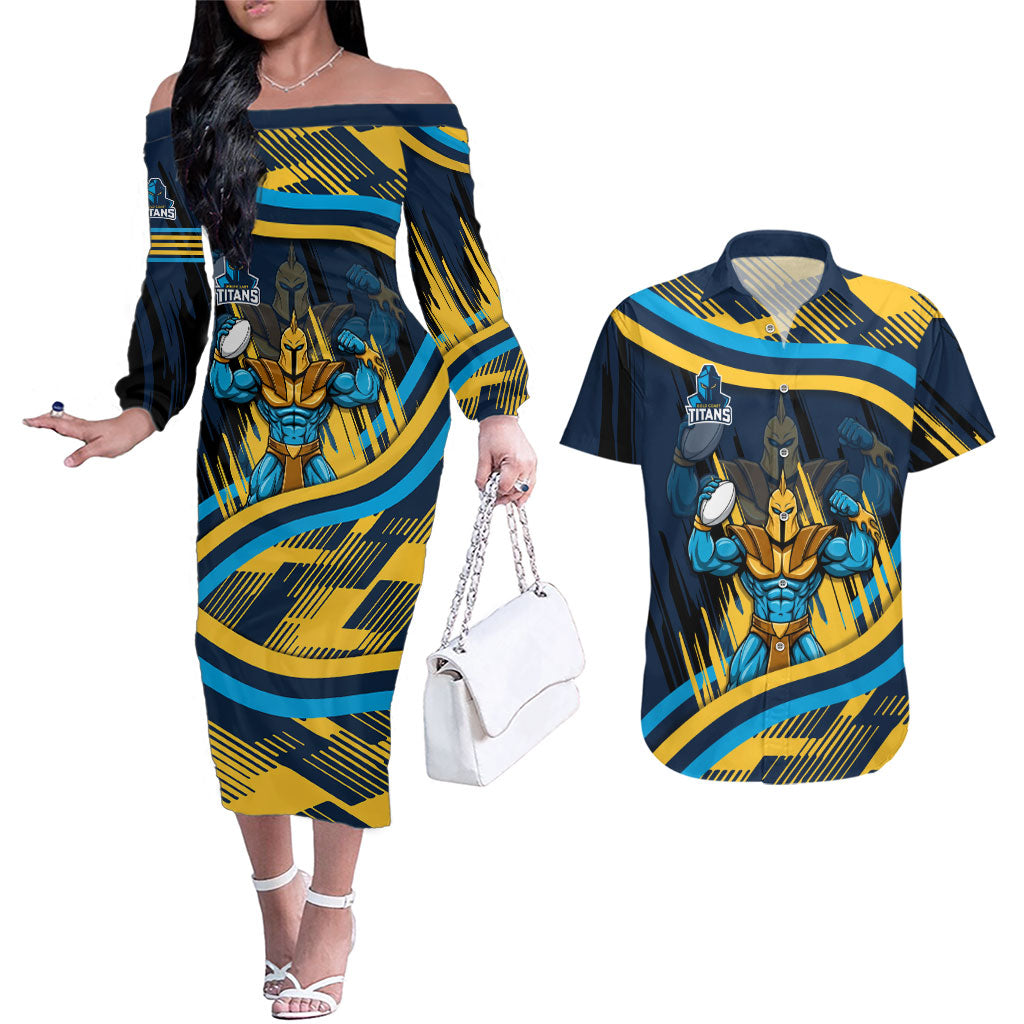 Titans Rugby Mascot Couples Matching Off The Shoulder Long Sleeve Dress and Hawaiian Shirt Fierce Athlete Graphic in Sports Style