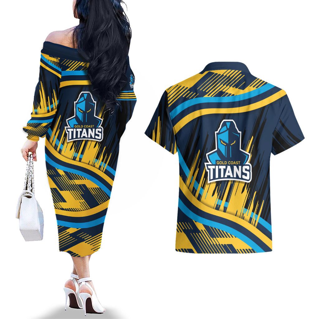 Titans Rugby Mascot Couples Matching Off The Shoulder Long Sleeve Dress and Hawaiian Shirt Fierce Athlete Graphic in Sports Style