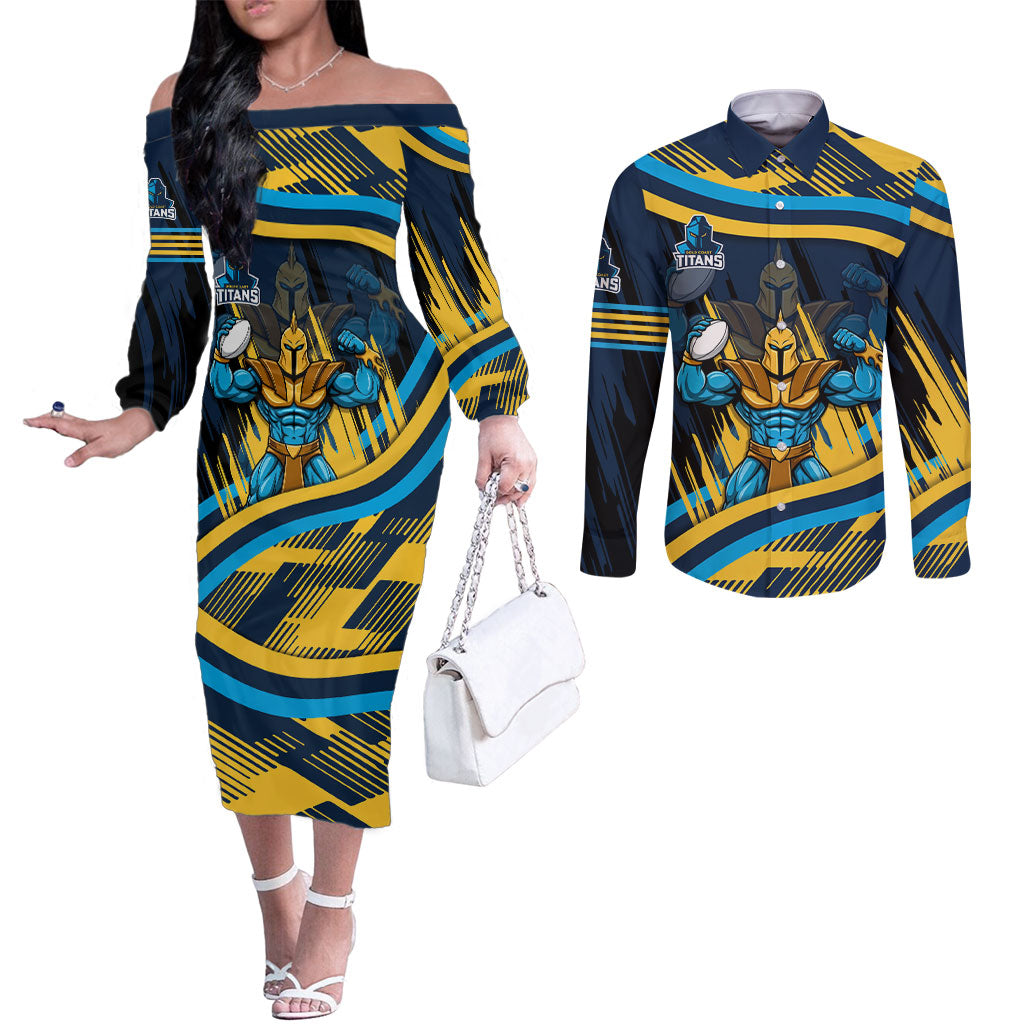Titans Rugby Mascot Couples Matching Off The Shoulder Long Sleeve Dress and Long Sleeve Button Shirt Fierce Athlete Graphic in Sports Style