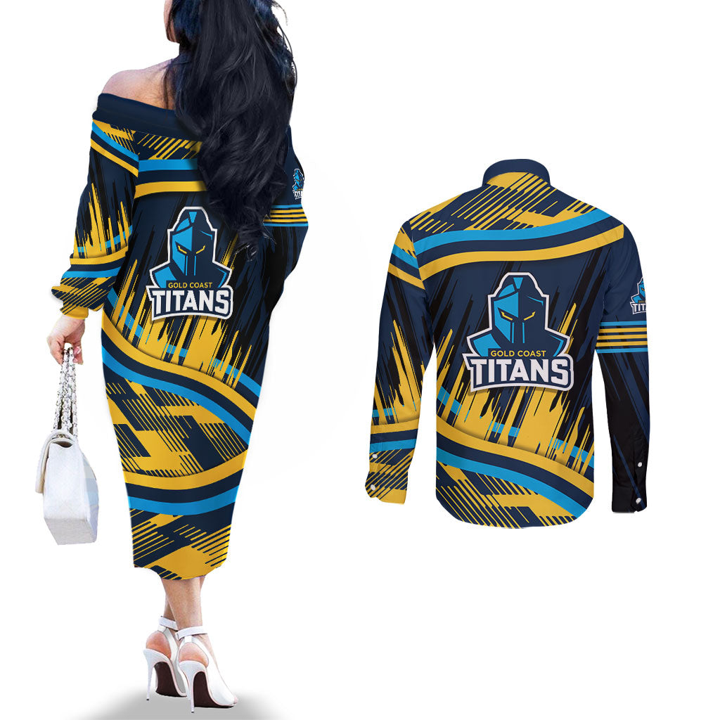 Titans Rugby Mascot Couples Matching Off The Shoulder Long Sleeve Dress and Long Sleeve Button Shirt Fierce Athlete Graphic in Sports Style