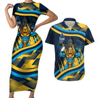 Titans Rugby Mascot Couples Matching Short Sleeve Bodycon Dress and Hawaiian Shirt Fierce Athlete Graphic in Sports Style