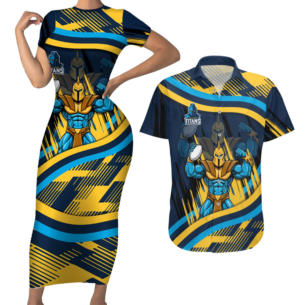 Titans Rugby Mascot Couples Matching Short Sleeve Bodycon Dress and Hawaiian Shirt Fierce Athlete Graphic in Sports Style
