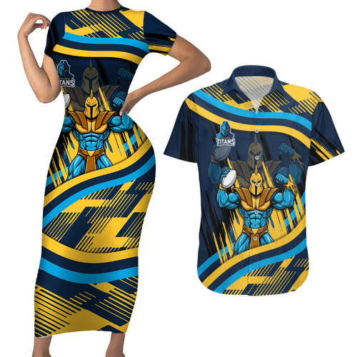 Titans Rugby Mascot Couples Matching Short Sleeve Bodycon Dress and Hawaiian Shirt Fierce Athlete Graphic in Sports Style