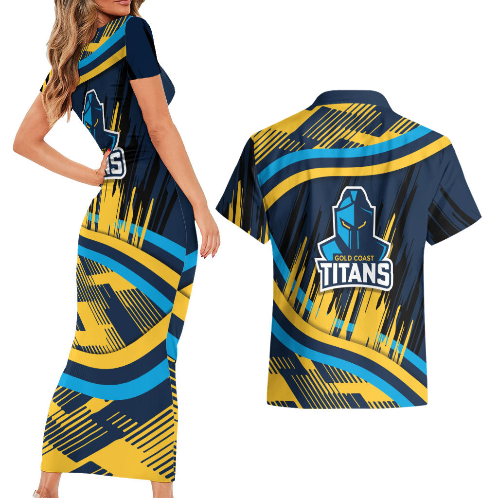 Titans Rugby Mascot Couples Matching Short Sleeve Bodycon Dress and Hawaiian Shirt Fierce Athlete Graphic in Sports Style