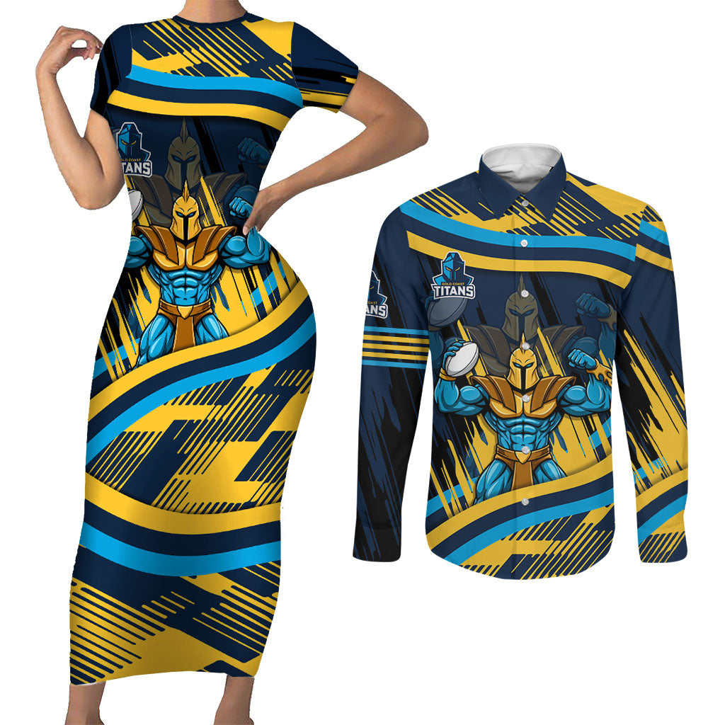 Titans Rugby Mascot Couples Matching Short Sleeve Bodycon Dress and Long Sleeve Button Shirt Fierce Athlete Graphic in Sports Style