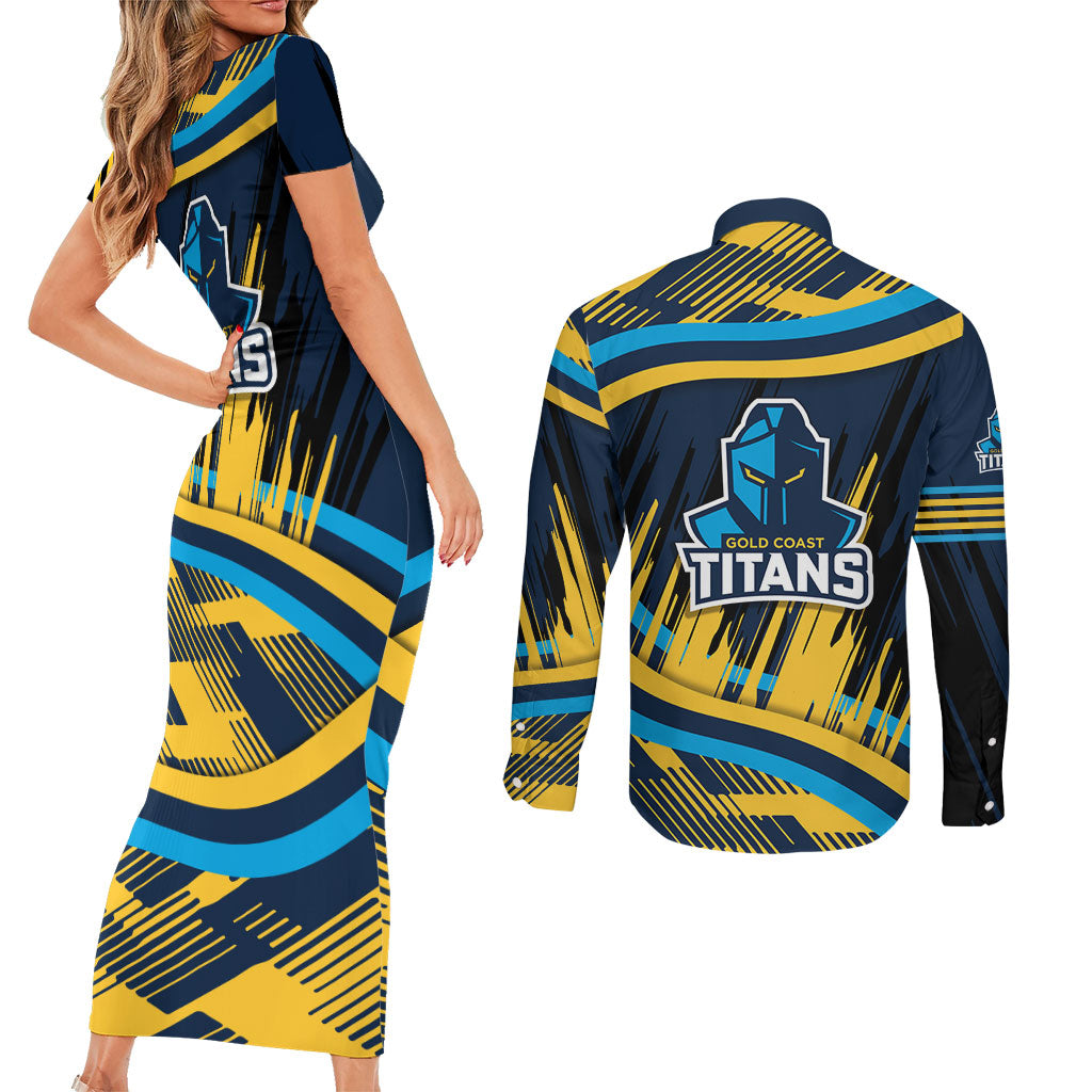 Titans Rugby Mascot Couples Matching Short Sleeve Bodycon Dress and Long Sleeve Button Shirt Fierce Athlete Graphic in Sports Style