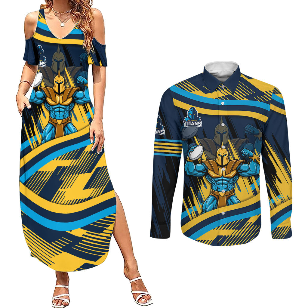 Titans Rugby Mascot Couples Matching Summer Maxi Dress and Long Sleeve Button Shirt Fierce Athlete Graphic in Sports Style