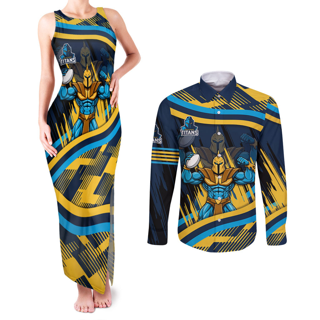 Titans Rugby Mascot Couples Matching Tank Maxi Dress and Long Sleeve Button Shirt Fierce Athlete Graphic in Sports Style
