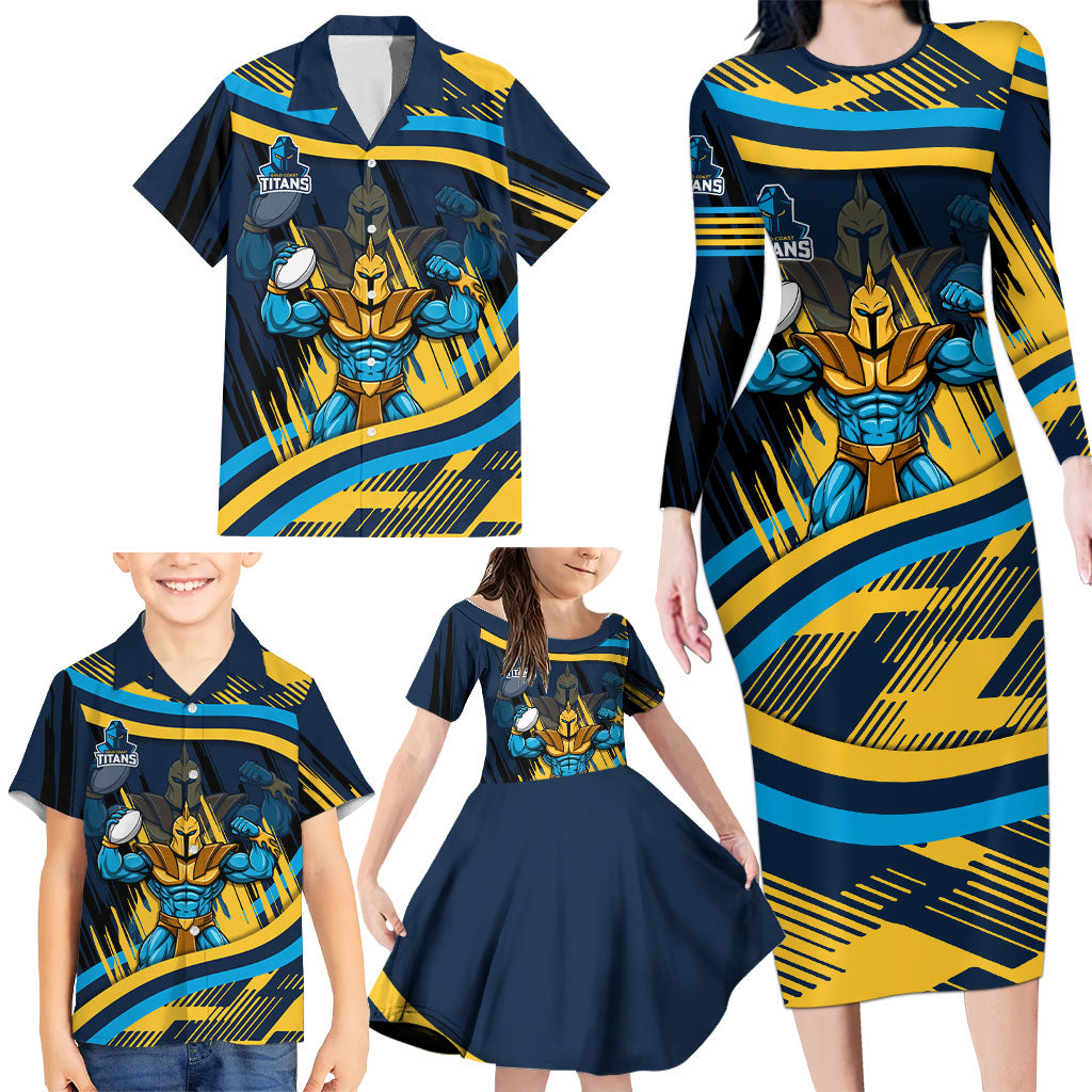 Titans Rugby Mascot Family Matching Long Sleeve Bodycon Dress and Hawaiian Shirt Fierce Athlete Graphic in Sports Style