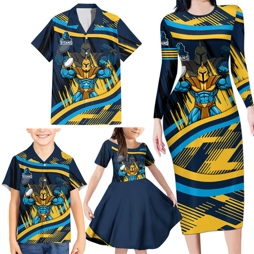 Titans Rugby Mascot Family Matching Long Sleeve Bodycon Dress and Hawaiian Shirt Fierce Athlete Graphic in Sports Style