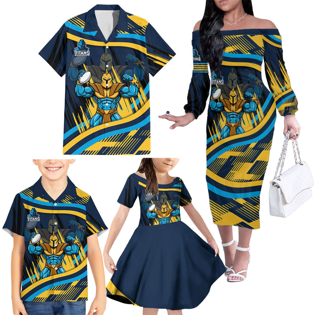 Titans Rugby Mascot Family Matching Off The Shoulder Long Sleeve Dress and Hawaiian Shirt Fierce Athlete Graphic in Sports Style